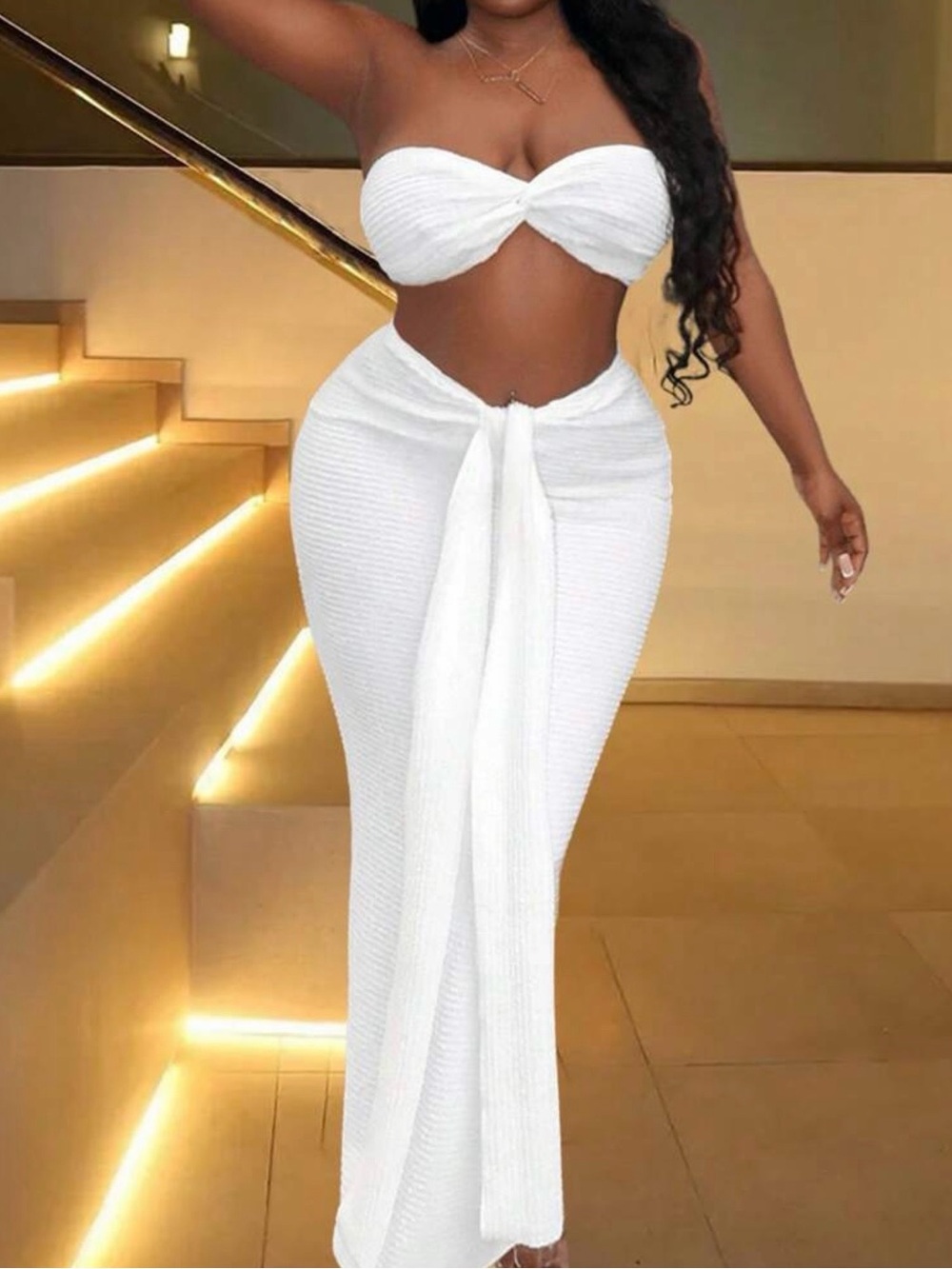2pc White High-Waist Tie-Front Maxi Skirt & Bandeau Top